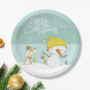 Assiettes En Carton Petit bonhomme de neige et chien dans la scène hiv