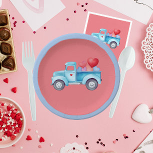 Assiettes En Carton Petit camion bleu simple pour la Saint-Valentin