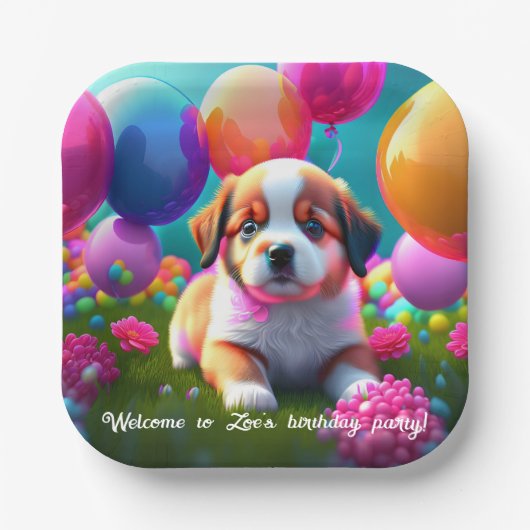Assiettes En Carton Petit chiot avec ballons - anniversaire (Recto)