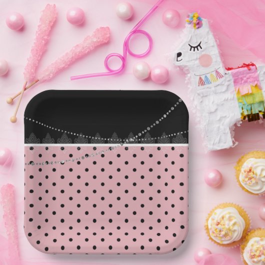 Assiettes En Carton Petit-déjeuner & Brunch pois rose et noir (Fête)