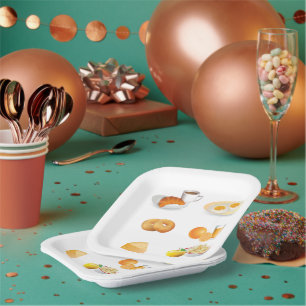 Assiettes En Carton Petit Déjeuner Café, Croissant, Oeufs, Bagels