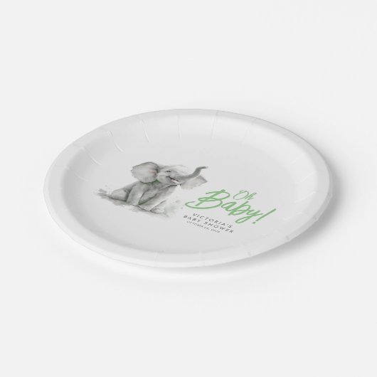 Assiettes En Carton Petit Eléphant Baby shower gris vert mignon (Angle)