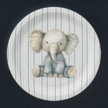 Assiettes En Carton Petit Eléphant d'arachide Baby shower bleu rayé<br><div class="desc">Célébrez la joie d'un petit sur le chemin avec cette charmante plaque en papier baby shower aquarelle. Doté d'un éléphant farci d'aquarelle douce et douce aux tons muets de bleu poussiéreux, gris et de rose poussiéreux, ce design magnifiquement voûté est orné d'une douce aquarelle pour une touche de rêve. Avec...</div>