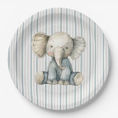 Assiettes En Carton Petit Eléphant d'arachide Baby shower bleu rayé (Devant)