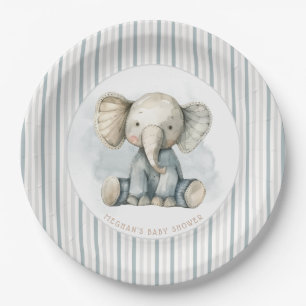 Assiettes En Carton Petit Eléphant d'arachide Baby shower bleu rayé