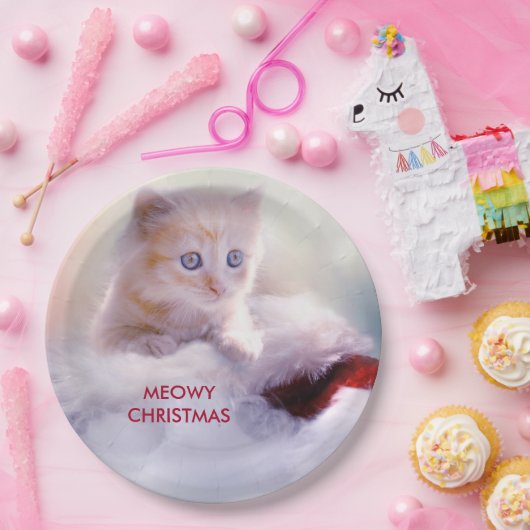 Assiettes En Carton Petit Kitten reposant sur un chapeau de Noël Meowy (Fête)