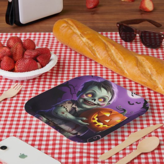 Assiettes En Carton Petit Monstre Vert et ami Citrouille (Pique-nique)