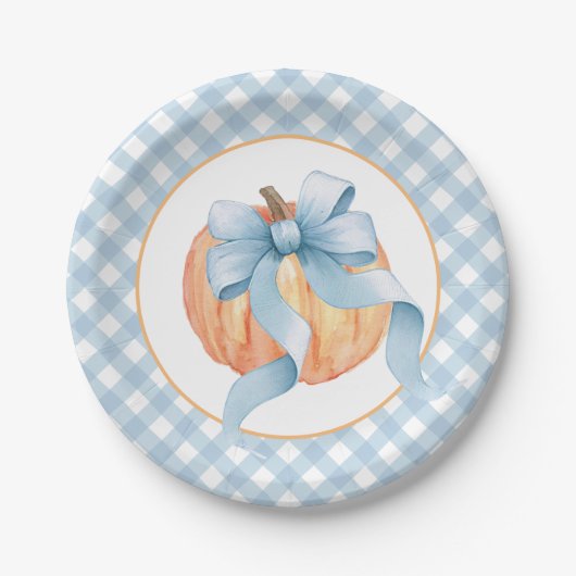 Assiettes En Carton Petit pastel Citrouille bleu plaid premier anniver (Devant)