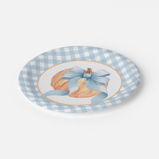 Assiettes En Carton Petit pastel Citrouille bleu plaid premier anniver (Angle)