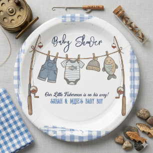 Assiettes En Carton Petit pêcheur bleu gingham garçon pêcheur