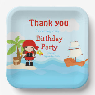 Assiettes En Carton Petite Brunette Pirate Girl en rouge Anniversaire