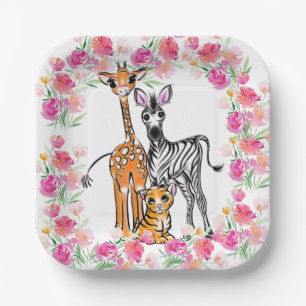 Assiettes En Carton Petite fille amis Safari, girafe, zèbre, tigre