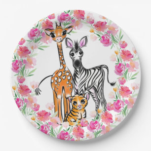 Assiettes En Carton Petite fille amis Safari, girafe, zèbre, tigre