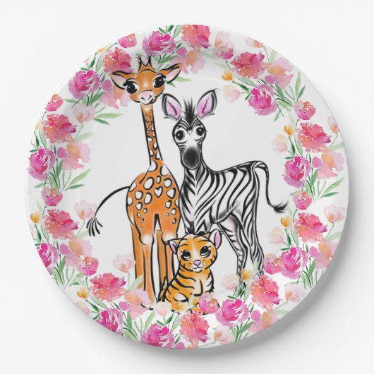 Assiettes En Carton Petite fille amis Safari, girafe, zèbre, tigre (Devant)
