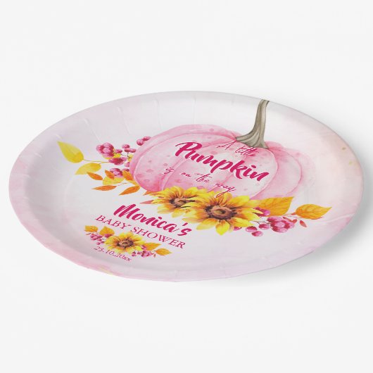 Assiettes En Carton Petite fille citrouille rose baby shower (Angle)