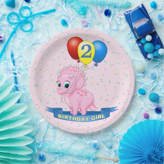 Assiettes En Carton Petite fille d'anniversaire Pink Triceratops Dino (Fête)
