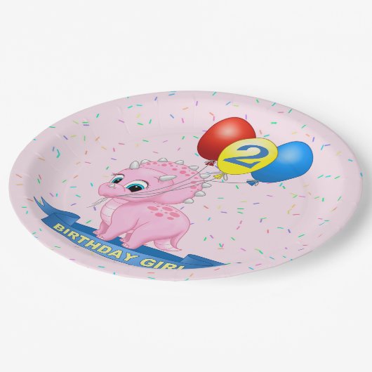 Assiettes En Carton Petite fille d'anniversaire Pink Triceratops Dino (Angle)