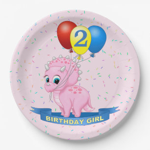 Assiettes En Carton Petite fille d'anniversaire Pink Triceratops Dino