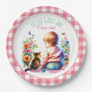 Assiettes En Carton Petite fille et chaton Baby shower aquarelle