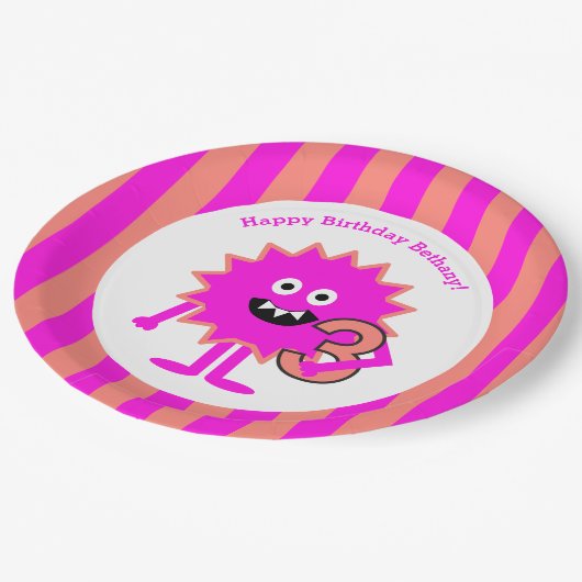 Assiettes En Carton Petite fille Monster 3e anniversaire mignon rose o (Angle)