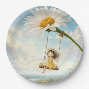 Assiettes En Carton Petite Fille sur une Balançoire en Marguerite