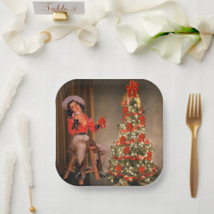 Assiettes En Carton Petite fille vintage en selle avec sapin de Noël