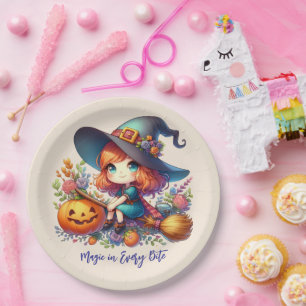 Assiettes En Carton petite jolie sorcière habillée en bleu, Halloween