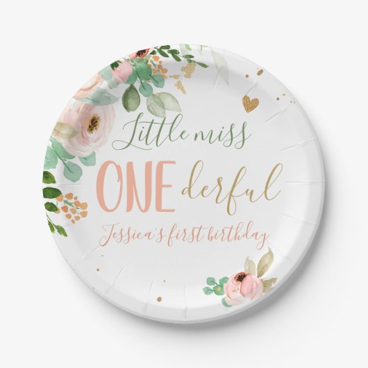 Assiettes En Carton Petite Miss Onederful Anniversaire Fleurs Roses Fi (Devant)