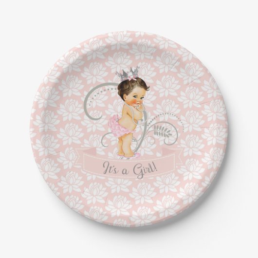 Assiettes En Carton Petite Princesse Bébée Fille Blush rose & Argent (Devant)