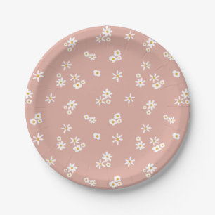 Assiettes En Carton Petites fleurs blanches sur rose - motif sans soud