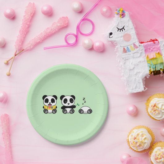 Assiettes En Carton Petites pandas mignonnes sur vert (Fête)