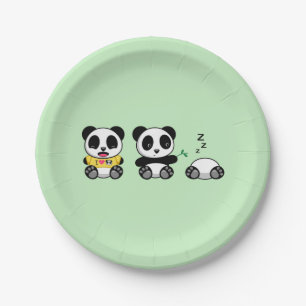 Assiettes En Carton Petites pandas mignonnes sur vert