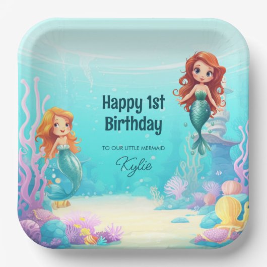 Assiettes En Carton Petites sirènes sous la mer fête d'anniversaire (Recto)