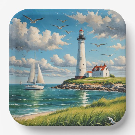 Assiettes En Carton Phare Blanc Avec Voilier (Recto)