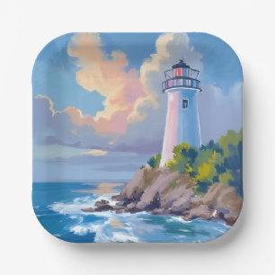 Assiettes En Carton Phare côtier Vagues de l'océan bleu mer