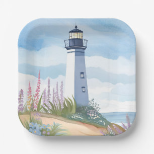 Assiettes En Carton Phare en fleurs Fleurs aquarelles côtières