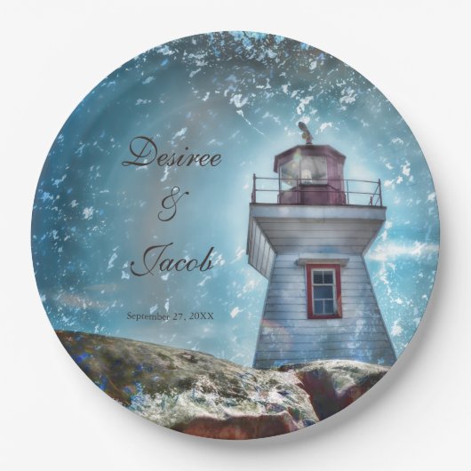 Assiettes En Carton Phare Océan Bleu Nautique Rustique Côté (Devant)