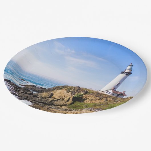 Assiettes En Carton Phare sur la colline bleu ciel blanc océan (Angle)