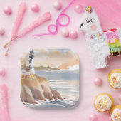 Assiettes En Carton Phare sur la rive | Océan aquarelle (Fête)