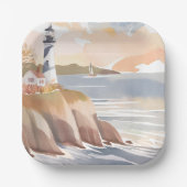 Assiettes En Carton Phare sur la rive | Océan aquarelle (Recto)