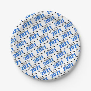 Assiettes En Carton PhD Grad 2021 Caps et diplômes (Bleu)