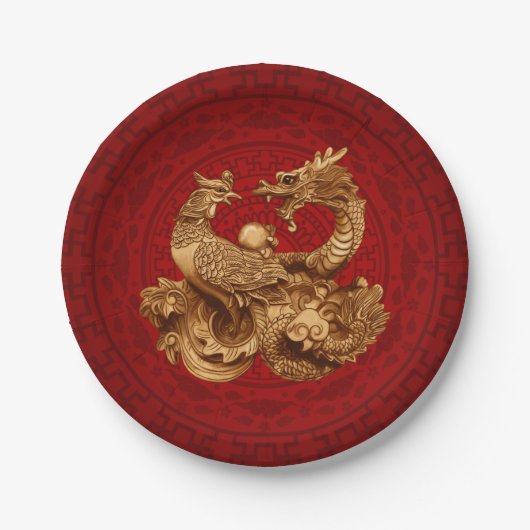 Assiettes En Carton Phoenix et Dragon en rouge (Devant)