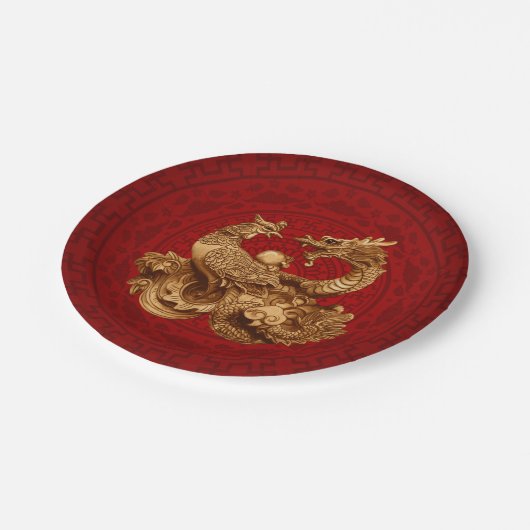 Assiettes En Carton Phoenix et Dragon en rouge (Angle)