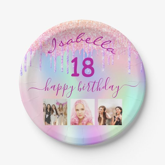 Assiettes En Carton photo 18e anniversaire rose violet holographique (Devant)
