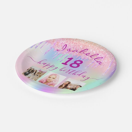 Assiettes En Carton photo 18e anniversaire rose violet holographique (Angle)
