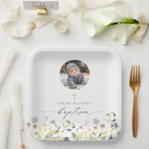 Assiettes En Carton Photo Baptême de Papillon floral de la prairie ros