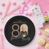 Assiettes En Carton Photo Black Gold Elegant Custom 80e anniversaire (Fête)