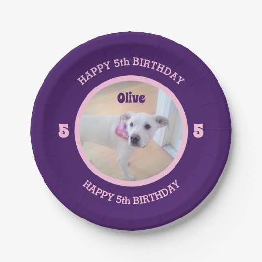 Assiettes En Carton Photo Chien chiot violet et rose Anniversaire 5 (Devant)
