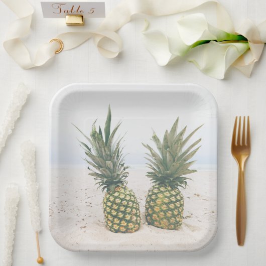 Assiettes En Carton Photo de 2 ananas sur une plage (Mariage)