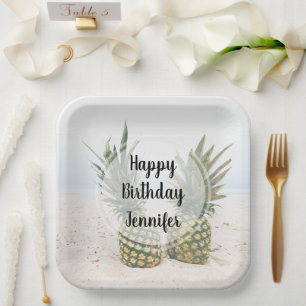 Assiettes En Carton Photo de 2 ananas sur une plage d'anniversaire